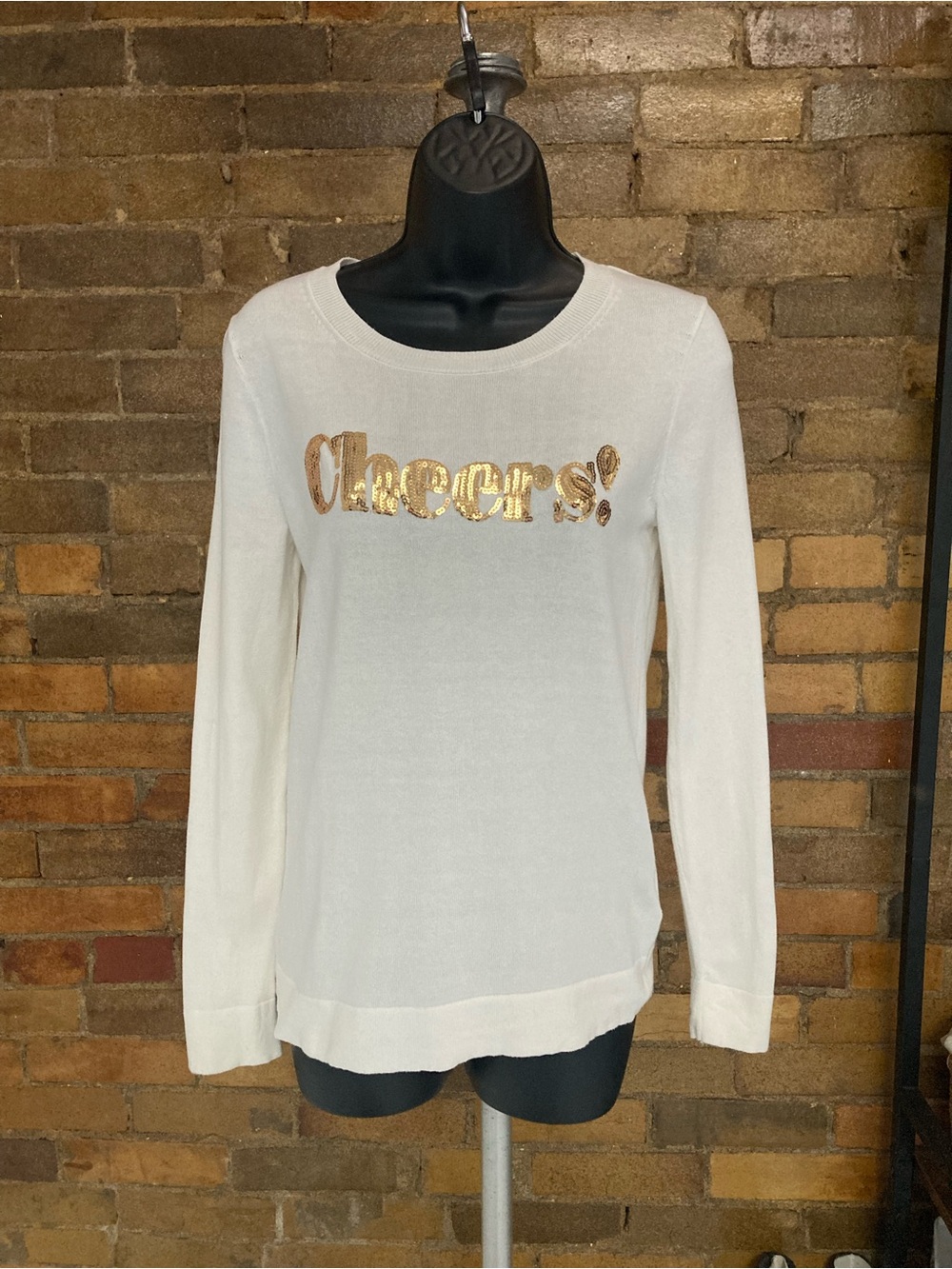 J. Crew White Crewneck Pullover with Metallic Gold 'Cheers!'